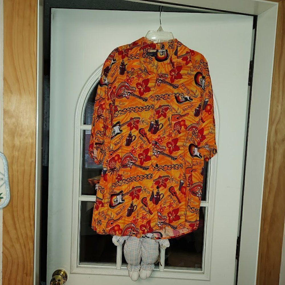 212 NYC Hawaiian Aloha Guitar Hawaiian Cities Orange Button Down Shirt  Men's M